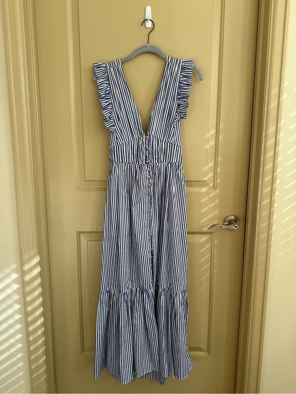O.p.t. 100% Cotton Navy & White Striped Deep-V Ruffle Sleeve Tiered Maxi Dress